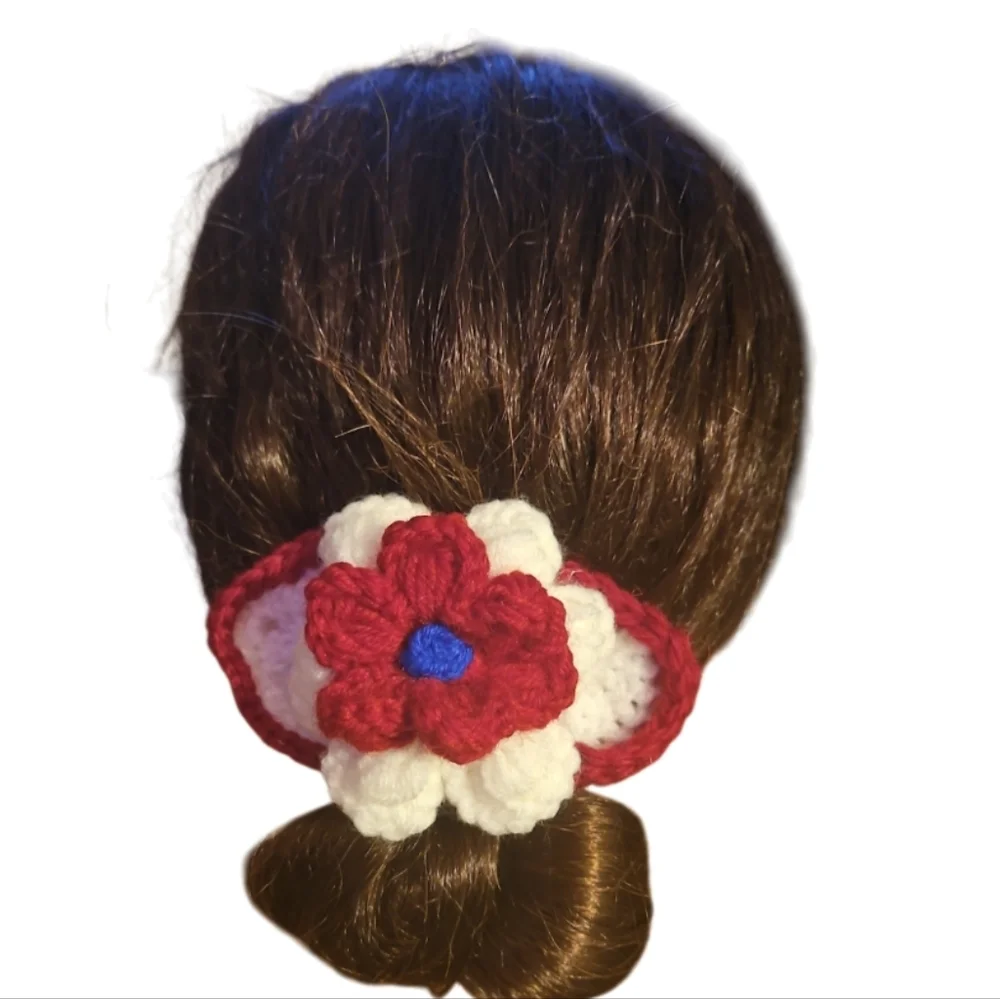 Handmade Red and White Crochet Flower Hair Accessory Hand Crafted 3-D Floral 6